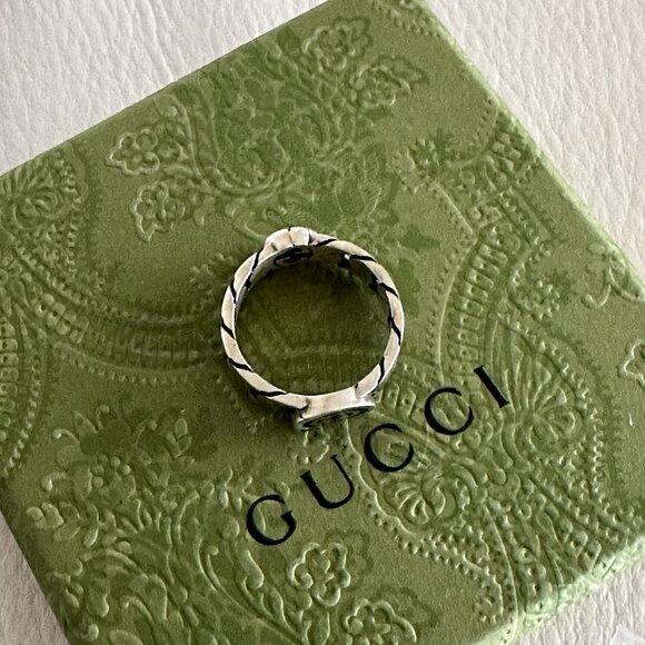 NEW GUCCI INTERLOCKING RING SILVER GG LOGO Black Chain Sz 19 IT 8.75 US Enamel - Picture 4 of 9